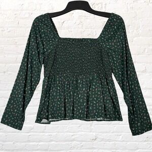 Old Navy Floral Smocked Babydoll Blouse Size L Dark Green Prairie Cottage Y2K